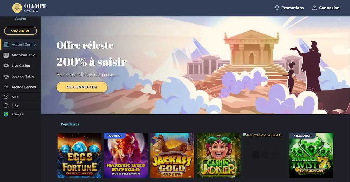 Ancienne page d'accueil du casino en ligne Olympe avant sa fermeture