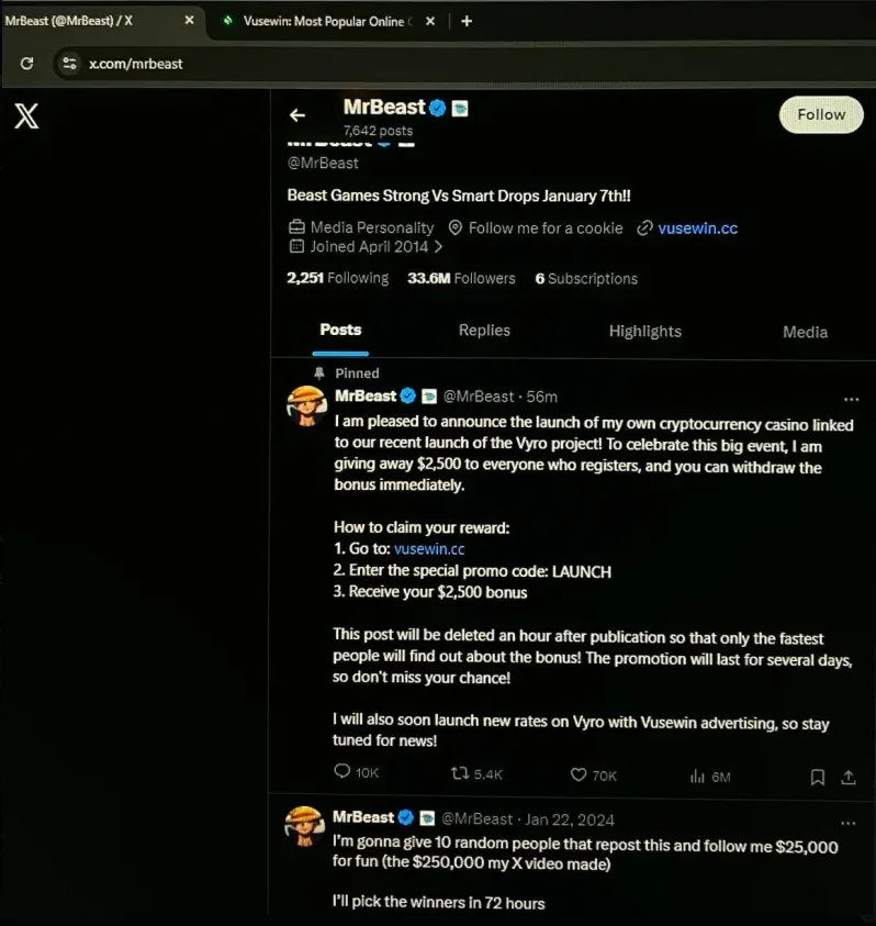 Capture d'écran d'un faux post épinglé attribué à MrBeast sur X, qui annonce le casino crypto vusewin.cc, le projet Vyro et un bonus de 2 500 $.