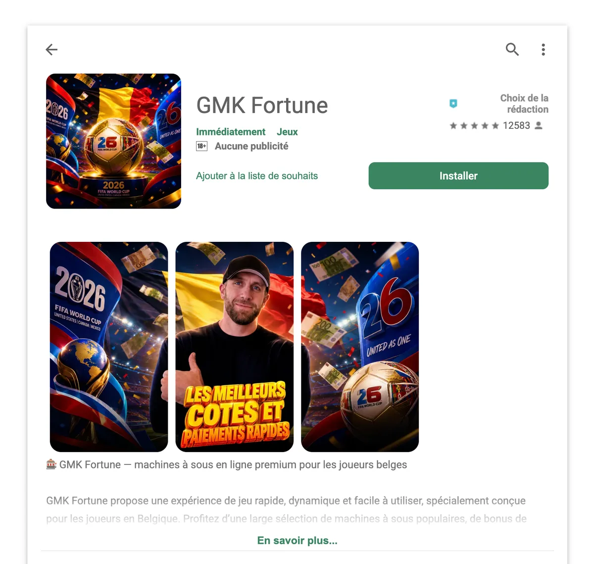 Fausse fiche Play Store de l'appli GMK Fortune, avec le visage de GMK et un faux avis 5 étoiles.