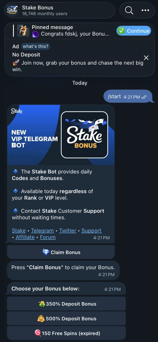 L’accueil du faux bot Telegram Stake Bonus, avec la bannière NEW VIP TELEGRAM BOT au logo de Stake, les promesses de codes et de bonus quotidiens et le bouton Claim Bonus
