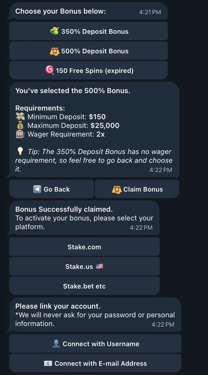 Le faux bot Telegram Stake propose un bonus de dépôt de 350 %, un de 500 % et 150 tours gratuits marqués expirés, puis annonce 150 dollars de dépôt minimum et une condition de mise de 2x