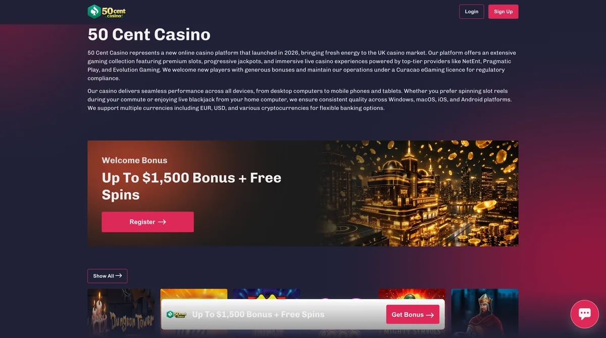 La page d'accueil du faux site 50cent-casino.com qui promet 1 500 $ de bonus au nom de 50 Cent
