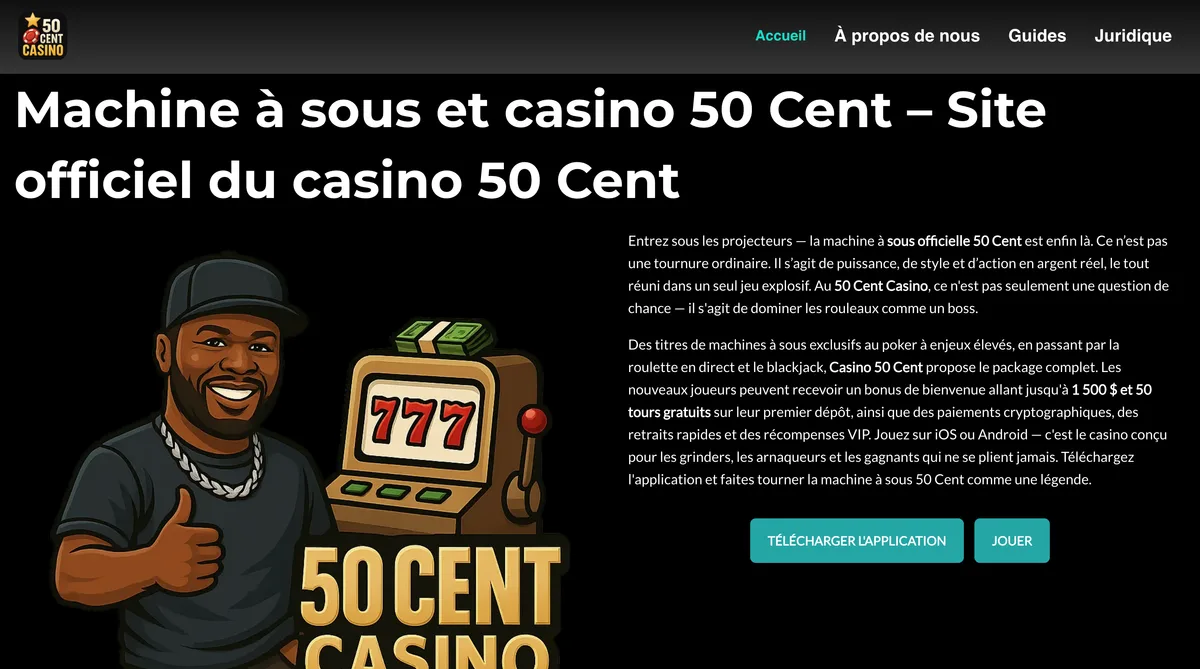 Un faux site qui se présente comme le casino officiel de 50 Cent avec un dessin du rappeur et une machine à sous