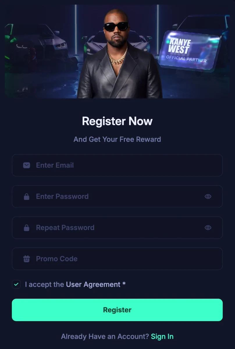 La page d'inscription du faux site officiel Kanye West Casino, avec la photo de Kanye West devant des voitures de sport, un écran qui affiche KANYE WEST OFFICIAL PARTNER, le titre Register Now et un formulaire e-mail, mot de passe et code promo