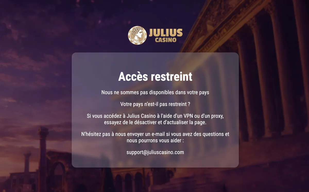 Page Accès restreint affichée à la place du casino Julius, avec son logo