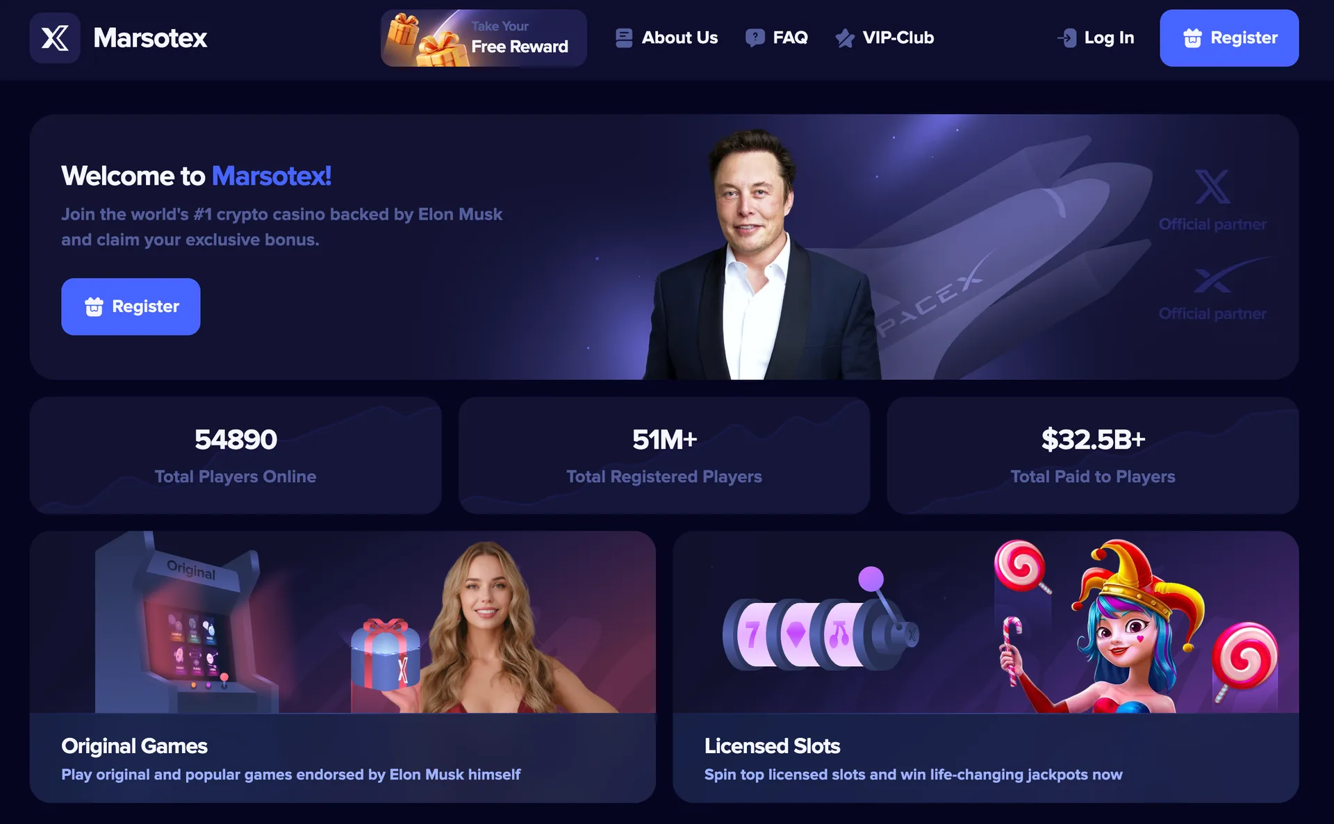 Capture d'écran de la page d'accueil de Marsotex, un faux casino crypto avec la photo d'Elon Musk qui se présente comme partenaire officiel du site.