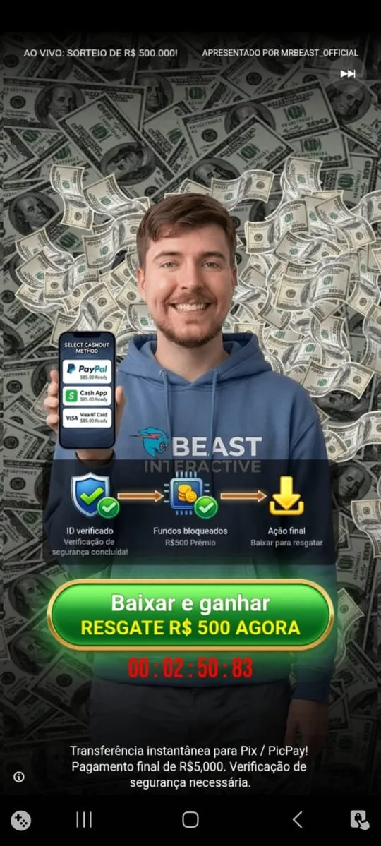 Capture d'écran d'une fausse page en portugais signée Beast Interactive, où MrBeast promet 500 reais et où un compte à rebours te presse de télécharger l'appli.