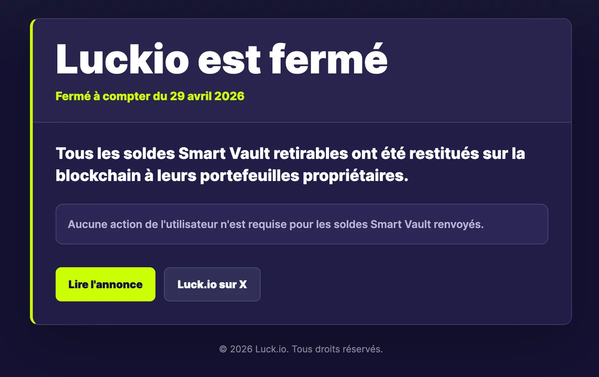 La page de fermeture officielle affichée sur le site du casino crypto Luck.io